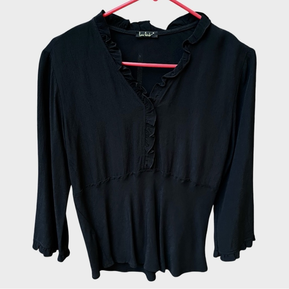 Loco Lindo Wm’s Vintage Ruffle Rayon Crepe Top In Black Sz S